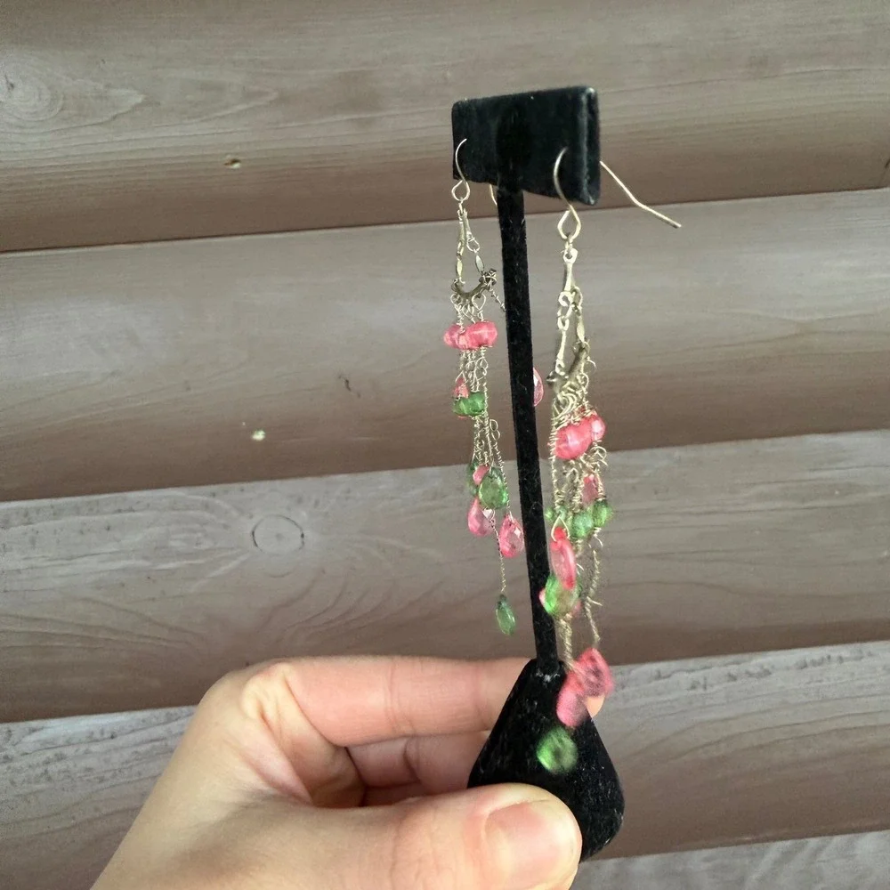 Chandelier Drop Earrings Womens Pink Green Beaded Boho Dangle Waterfall 3.5